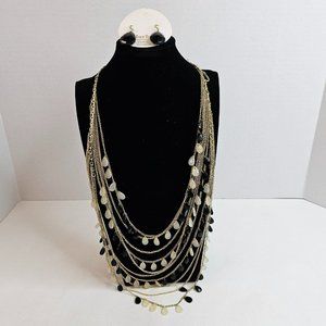 Harbor Multi Row Black Cream Beads Layered Gold Tone Necklace and Earrings Set